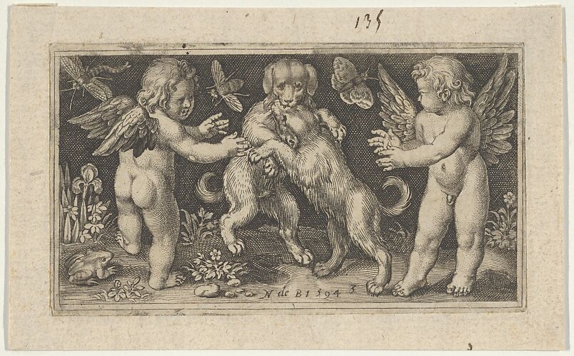 Two Genii with Two Dogs Fighting