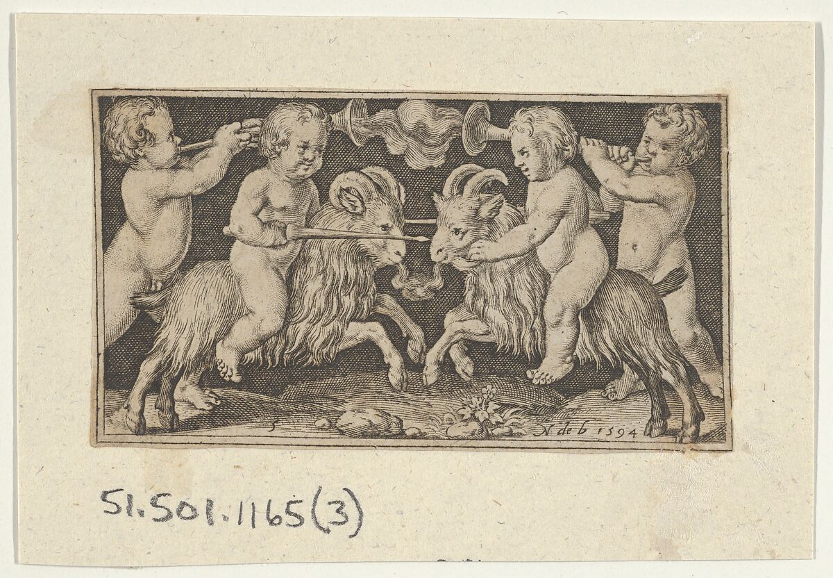 Two Genii Riding Rams, Nicolaes de Bruyn (Netherlandish,  Antwerp 1571–1656 Rotterdam), Engraving 