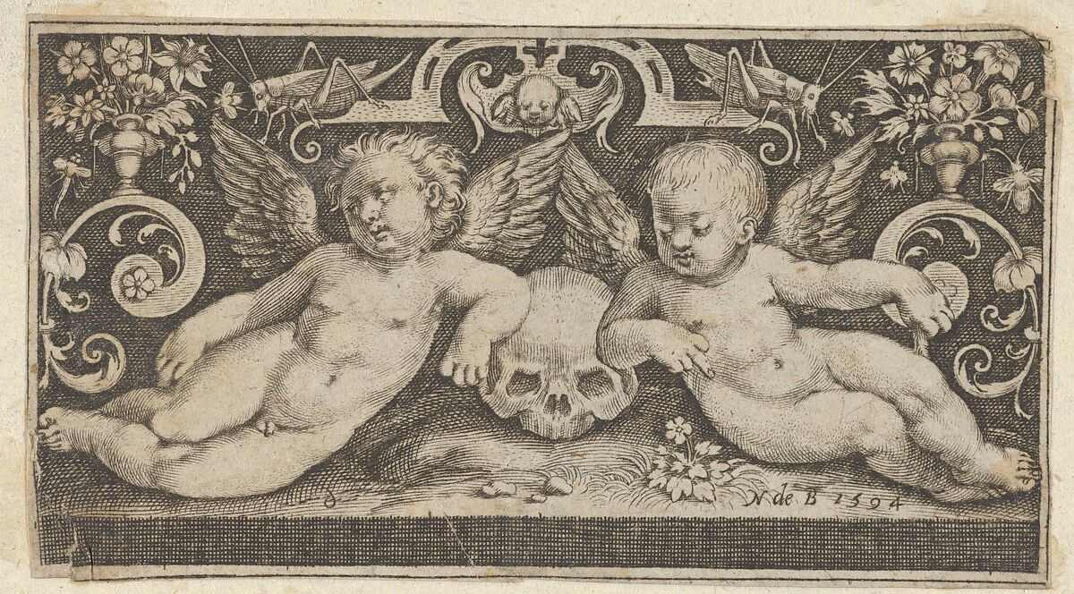 Two Genii with a Skull and Grasshoppers, Nicolaes de Bruyn (Netherlandish,  Antwerp 1571–1656 Rotterdam), Engraving 