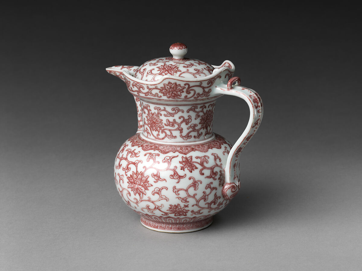 Ewer in Shape of Tibetan Monk’s Cap, Porcelain painted with copper red under transparent glaze (Jingdezhen ware), China 
