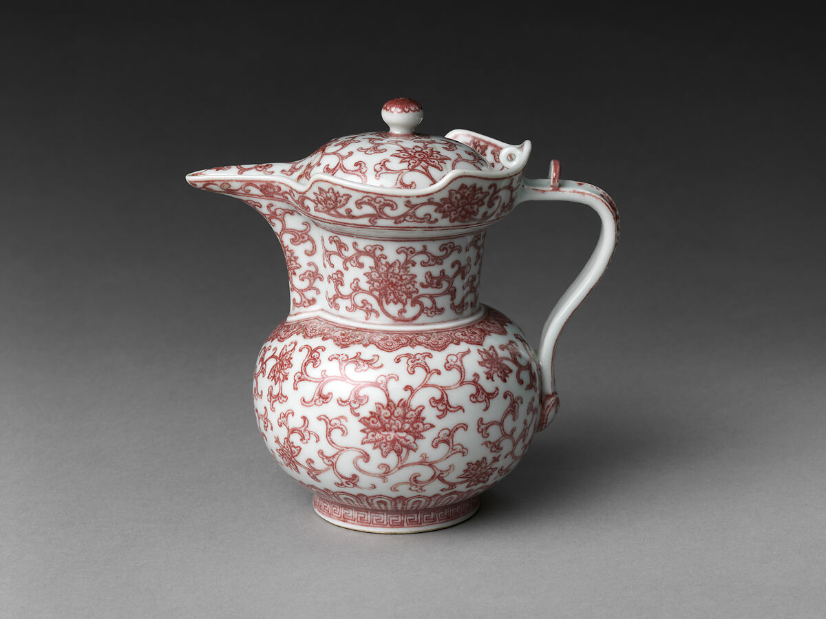 Ewer in Shape of Tibetan Monk’s Cap, Porcelain painted with copper red under transparent glaze (Jingdezhen ware), China