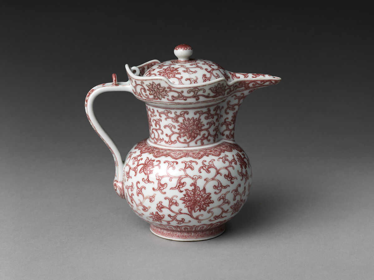 Ewer in Shape of Tibetan Monk’s Cap, Porcelain painted with copper red under transparent glaze (Jingdezhen ware), China