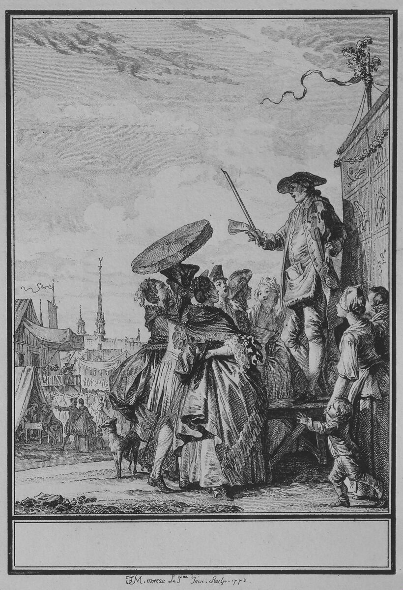 La Foire de Gonesse, from Choix de chasons mises in musique par M. De La Borde, Premier Valet-de-Chambre ordinaire du Roi, Gouverneur du Louvre.  Ornées d'Estampes Par J.M. Moreau, Dédiées à Madame la Dauphine.  A Paris Chez de Lormel, Imprimeur de l'Academie Royale de Musique rue du Foin Siant-Jacques. MDCCLXXIII. Avec Aprobation et Privilège du Roi. Gravées par Moria et M.lle Vendôme, Jean Michel Moreau le Jeune (French, Paris 1741–1814 Paris), Etching and engraving; second state of four (Bocher) 