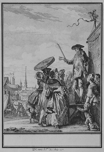 La Foire de Gonesse, from Choix de chasons mises in musique par M. De La Borde, Premier Valet-de-Chambre ordinaire du Roi, Gouverneur du Louvre.  Ornées d'Estampes Par J.M. Moreau, Dédiées à Madame la Dauphine.  A Paris Chez de Lormel, Imprimeur de l'Academie Royale de Musique rue du Foin Siant-Jacques. MDCCLXXIII. Avec Aprobation et Privilège du Roi. Gravées par Moria et M.lle Vendôme