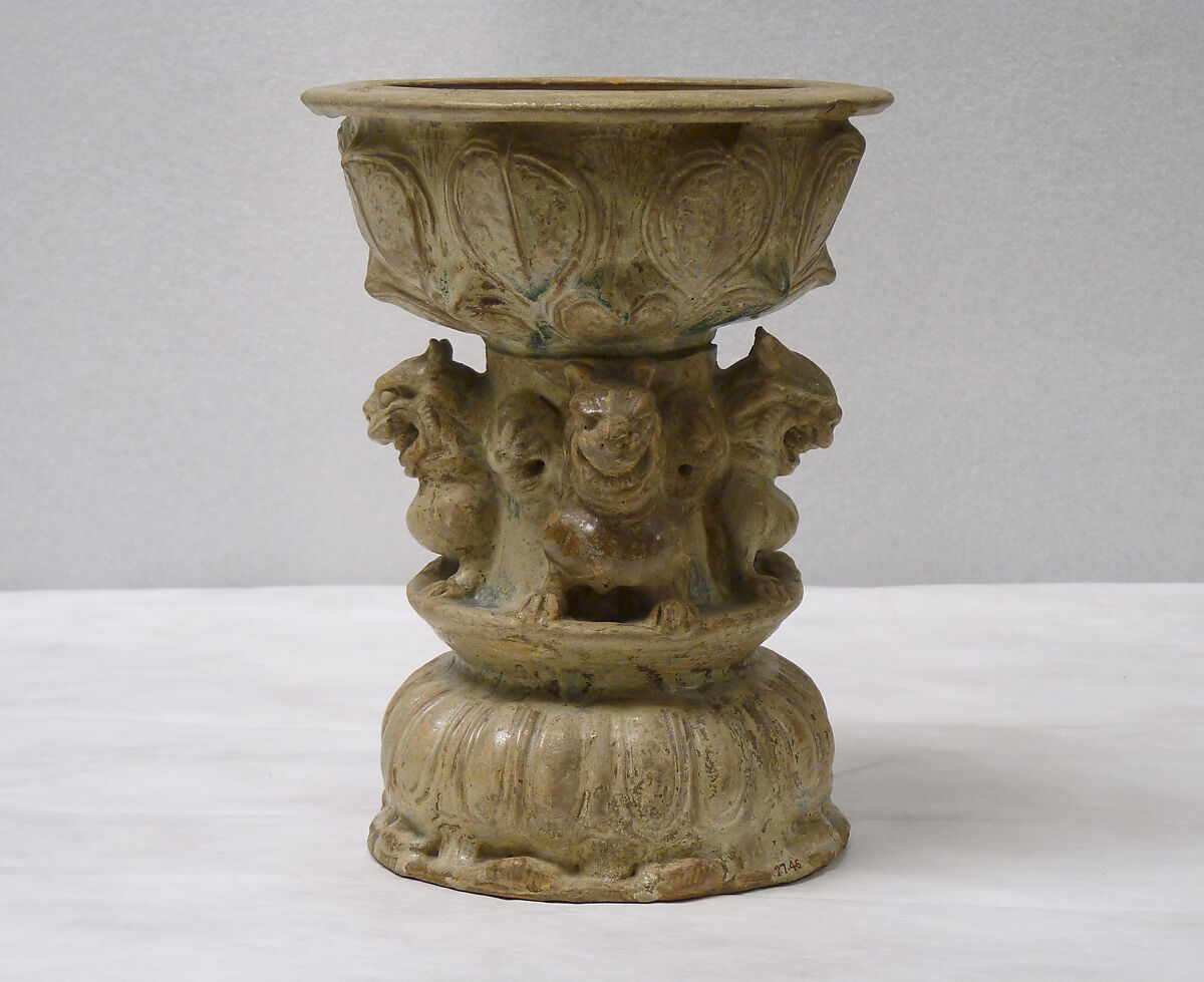 Lamp, Earthenware with relief decoration under green glazes, China