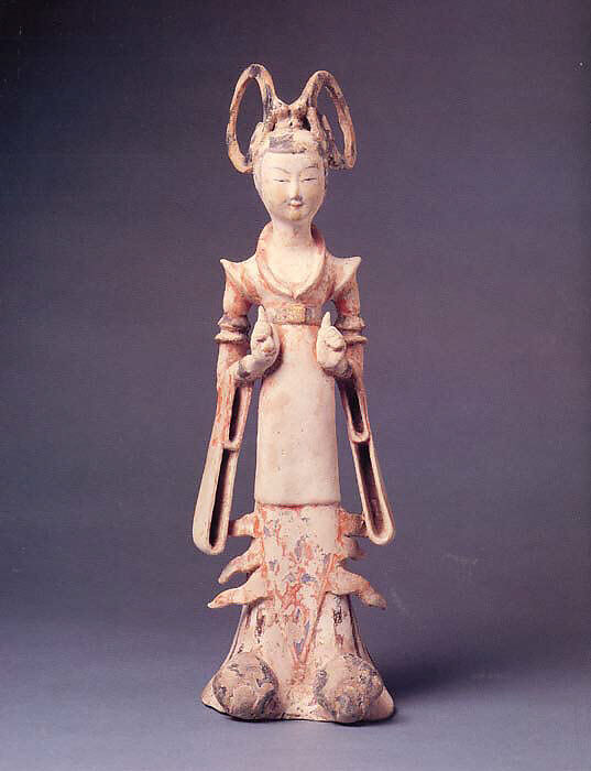 Standing court lady, Earthenware with slip, pigment, and gilt, China 