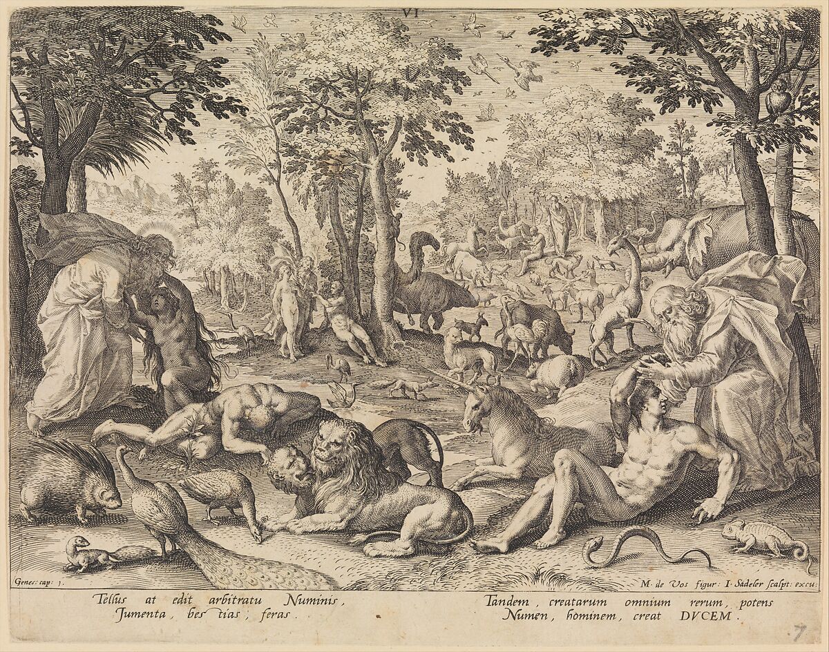 The Sixth Day: The Creation of Animals, Adam and Eve from The Creation of the World, Johann Sadeler I (Netherlandish, Brussels 1550–1600/1601 Venice), Engraving 