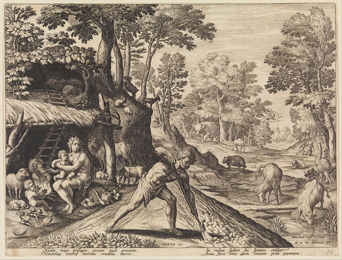 Adam at Work after the Fall from The Story of the First Men, Johann Sadeler I (Netherlandish, Brussels 1550–1600/1601 Venice), Engraving; second state of two 