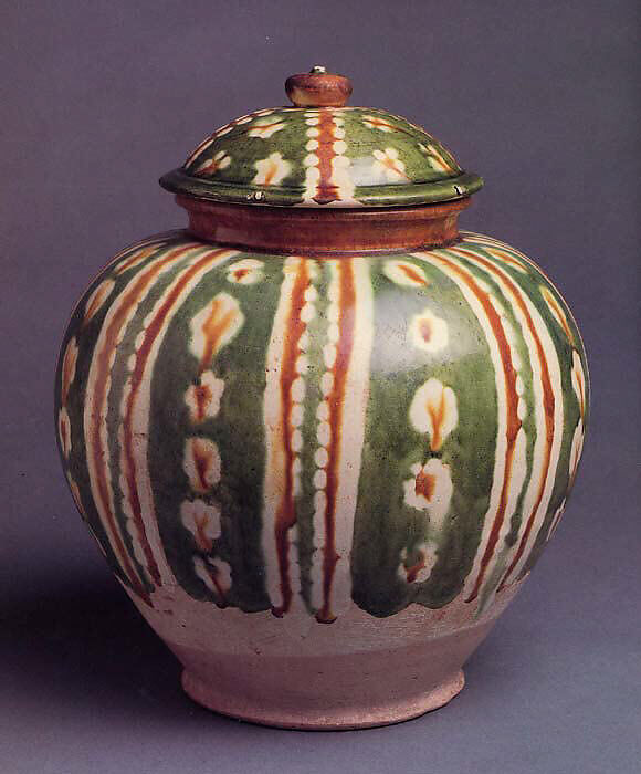 Covered jar, Earthenware with three-color (sancai) glaze, China 