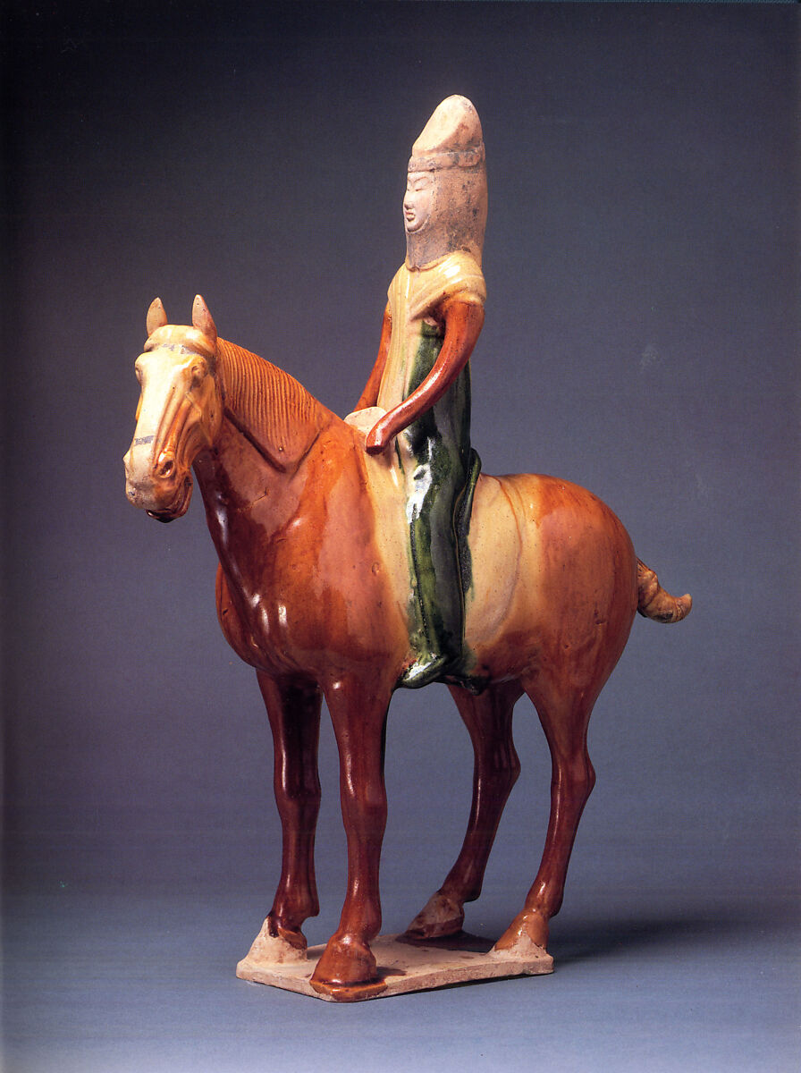Horse and female rider, Earthenware with three-color (sancai) glaze and pigment, China 