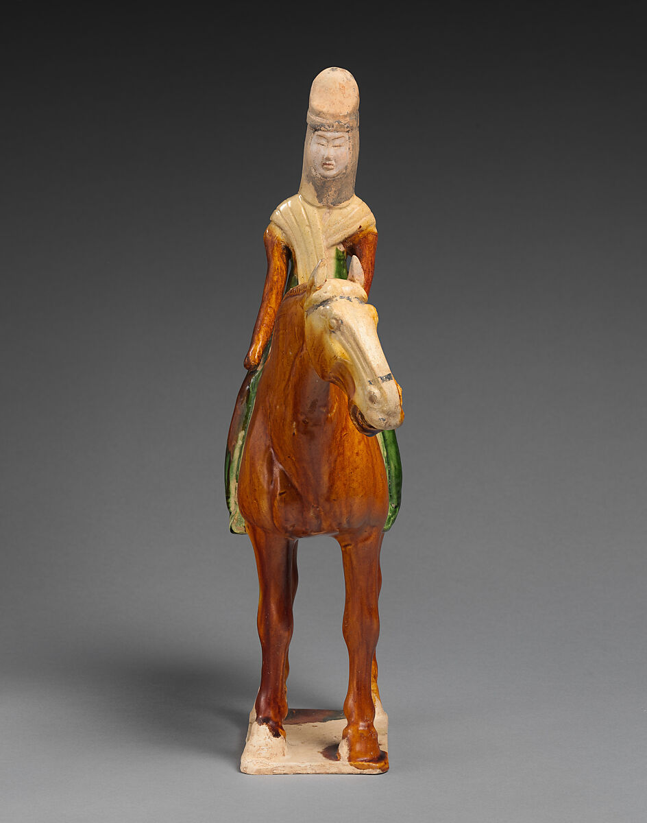 Horse and female rider, Earthenware with three-color (sancai) glaze and pigment, China