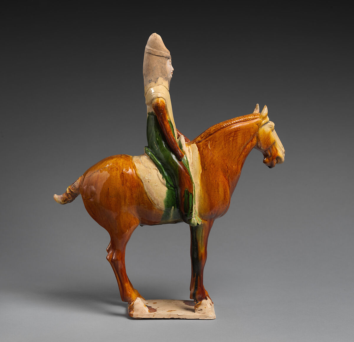 Horse and female rider, Earthenware with three-color (sancai) glaze and pigment, China