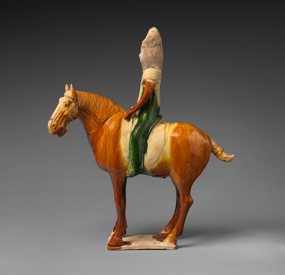 Horse and female rider, Earthenware with three-color (sancai) glaze and pigment, China
