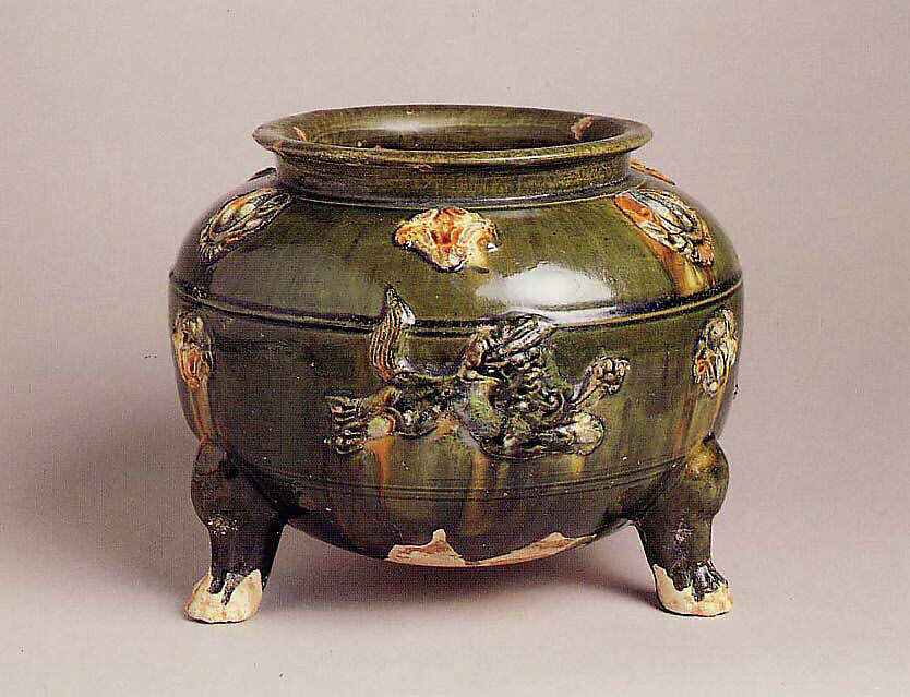 Tripod incense burner, Earthenware with molded decoration under three-color (sancai) glaze, China 