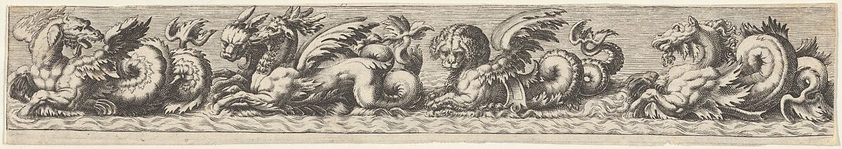 Frieze with Sea Monsters, Johann Theodor de Bry (Netherlandish, Strasbourg 1561–1623 Bad Schwalbach), Engraving 