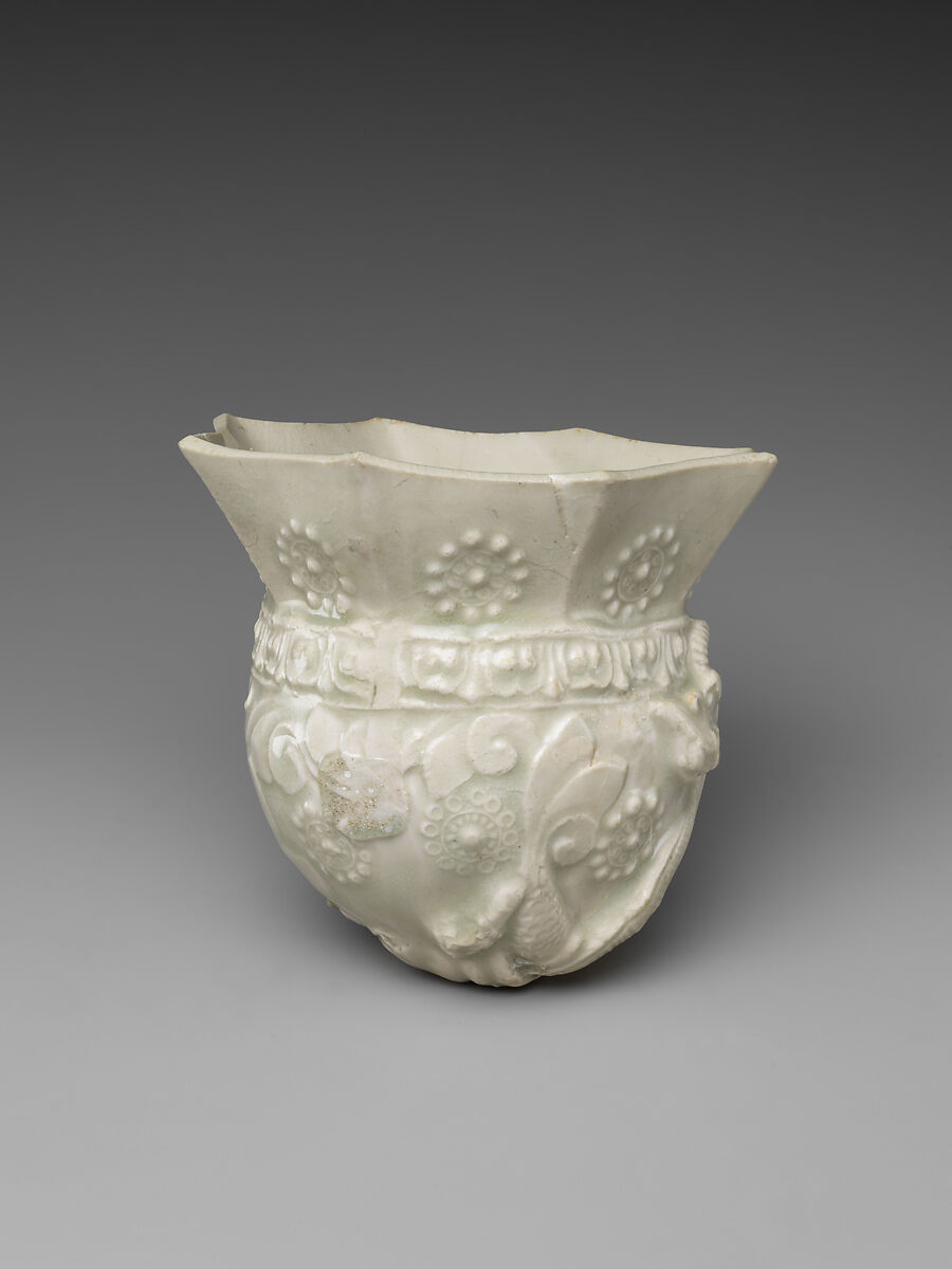 Cup modeled after a rhyton, Stoneware with relief decoration under clear glaze, China