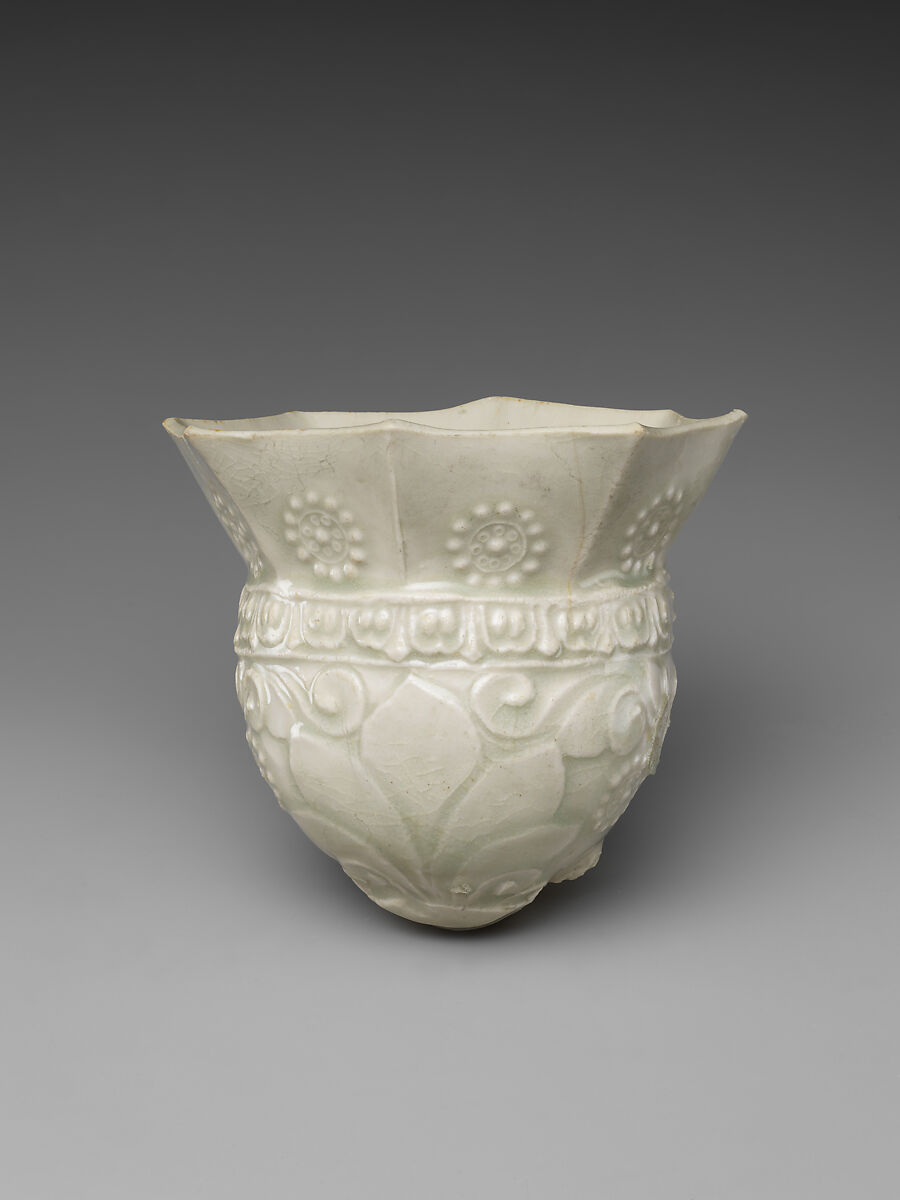 Cup modeled after a rhyton, Stoneware with relief decoration under clear glaze, China