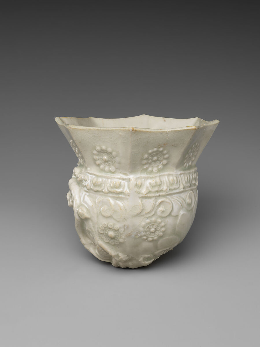 Cup modeled after a rhyton, Stoneware with relief decoration under clear glaze, China
