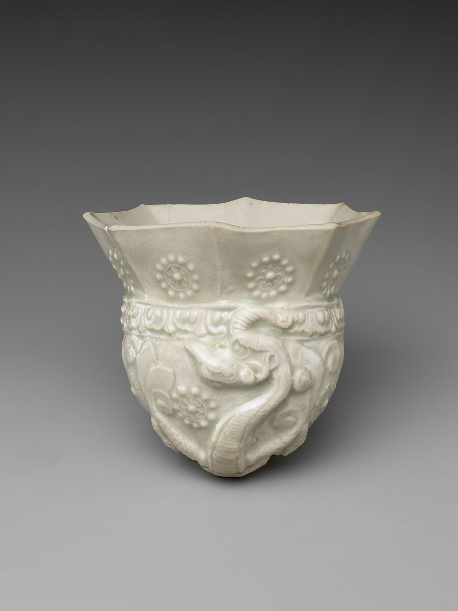 Cup modeled after a rhyton, Stoneware with relief decoration under clear glaze, China