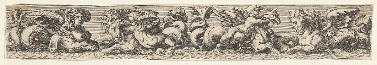 Frieze with Sea Monsters, attributed to Johann Theodor de Bry (Netherlandish, Strasbourg 1561–1623 Bad Schwalbach), Engraving 