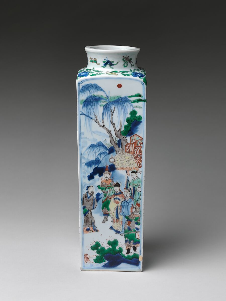 Vase with King Wen Visiting the Scholar Jiang Taigong, Porcelain painted with cobalt blue under and colored enamels over transparent glaze (Jingdezhen ware), China