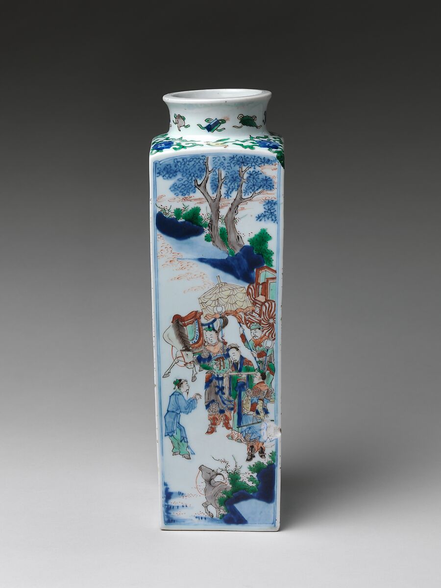 Vase with King Wen Visiting the Scholar Jiang Taigong, Porcelain painted with cobalt blue under and colored enamels over transparent glaze (Jingdezhen ware), China