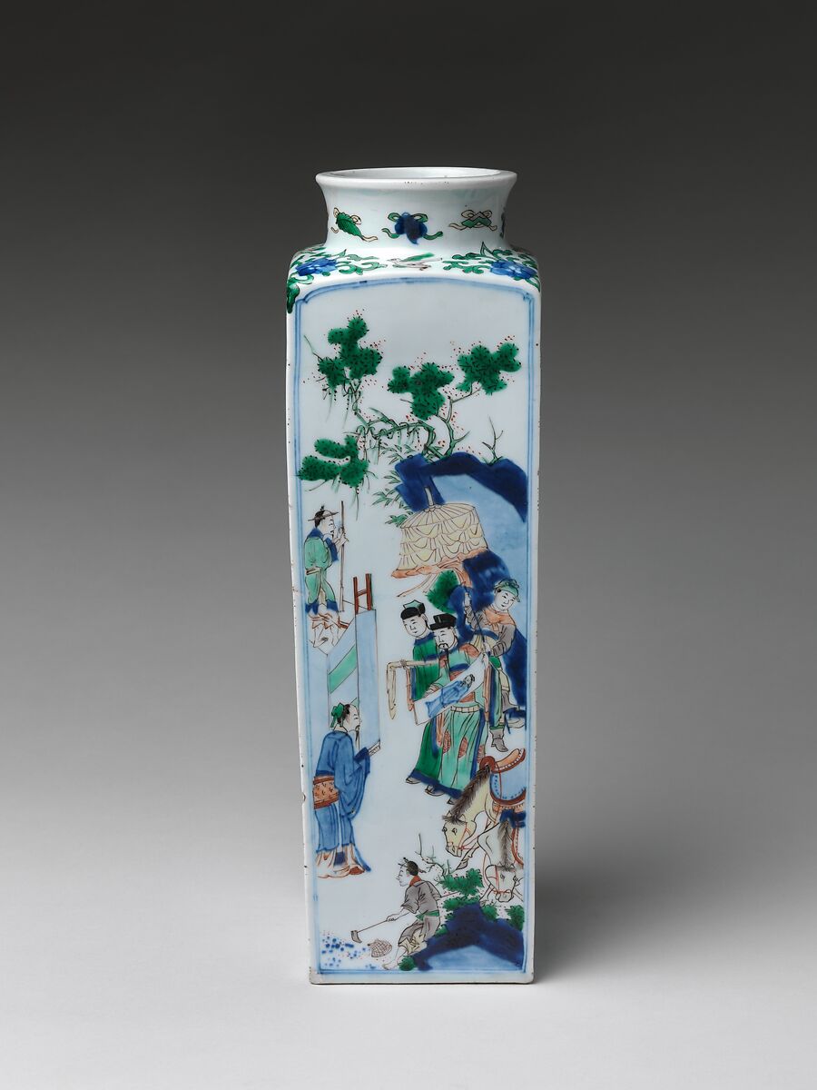 Vase with King Wen Visiting the Scholar Jiang Taigong, Porcelain painted with cobalt blue under and colored enamels over transparent glaze (Jingdezhen ware), China