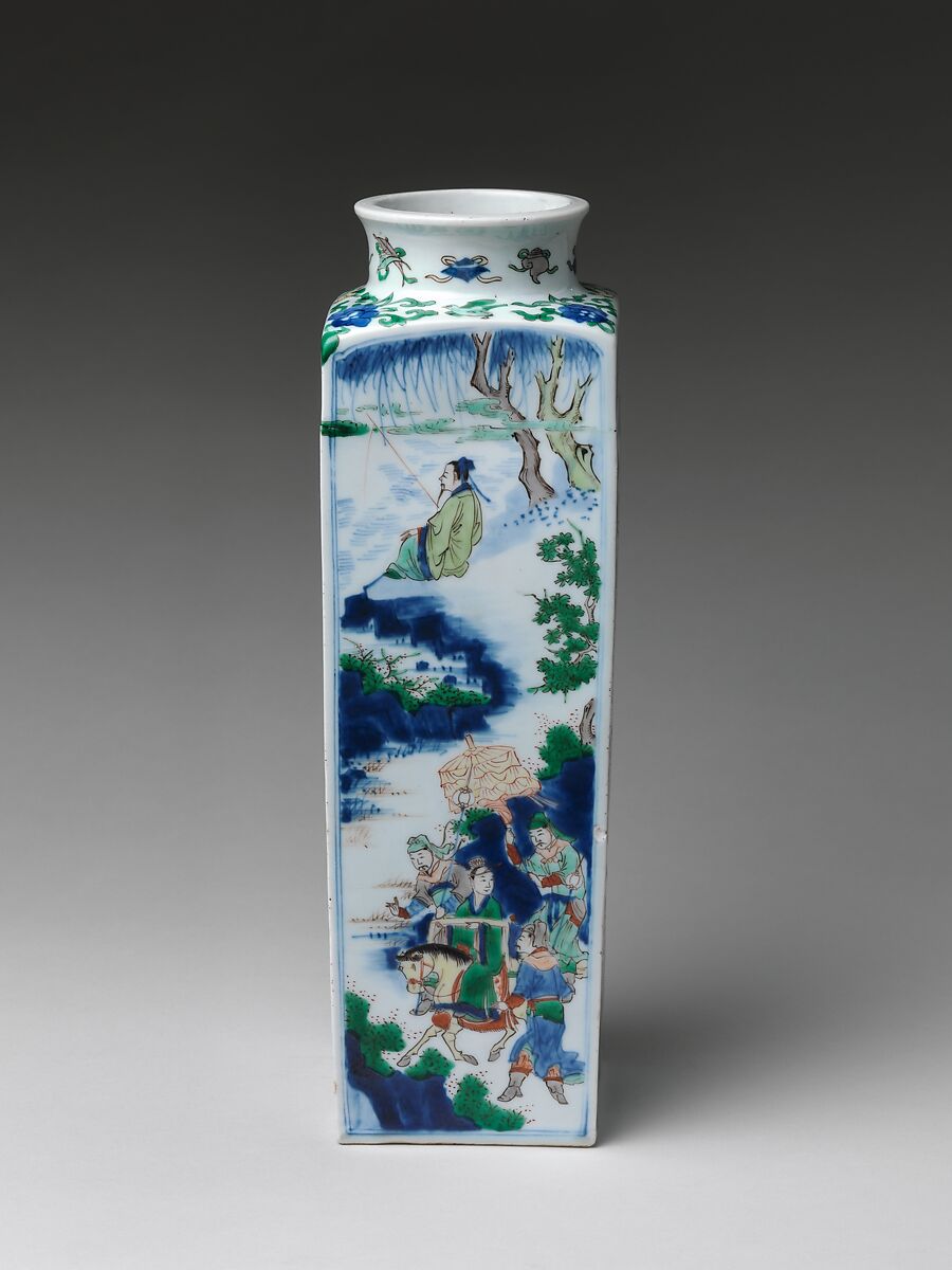 Vase with King Wen Visiting the Scholar Jiang Taigong, Porcelain painted with cobalt blue under and colored enamels over transparent glaze (Jingdezhen ware), China