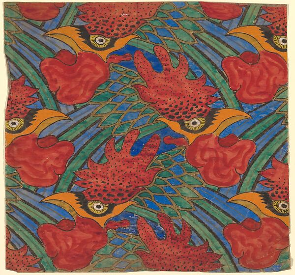 Repetitive Pattern of Decorative Roosters with Blue and Green Feathers, Anonymous, French, 20th century, Charcoal, gouache and gold paint 