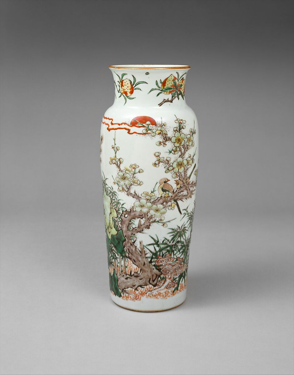 Vase decorated with bird on flowering plum, Porcelain painted in overglaze enamels (Jingdezhen ware), China