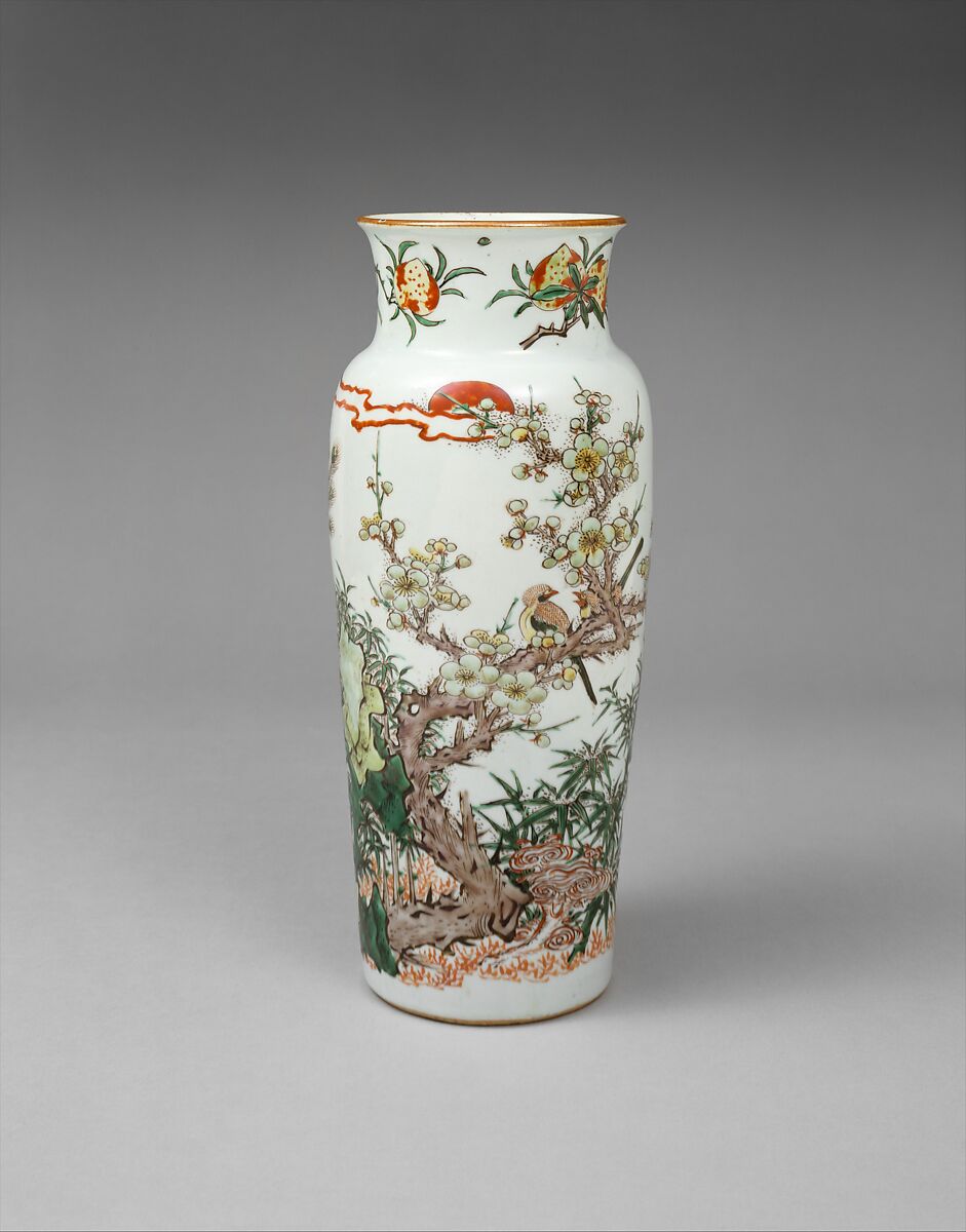 Vase decorated with bird on flowering plum, Porcelain painted in overglaze enamels (Jingdezhen ware) , China 