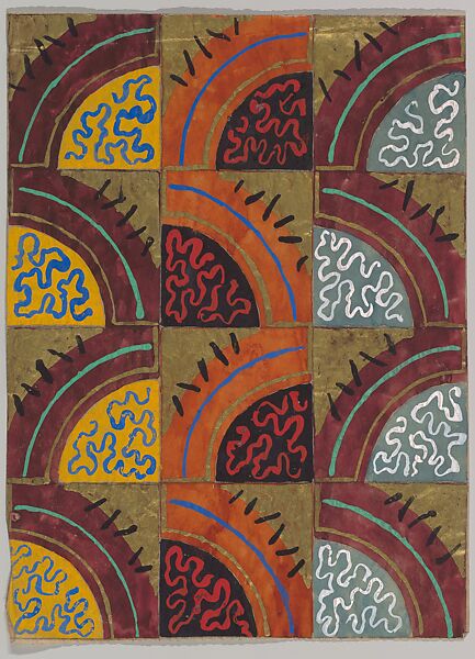Panel Divided into Rows of Gold Tiles with Segmented Circles, Anonymous, French, 20th century, Charcoal, gouache and gold paint 