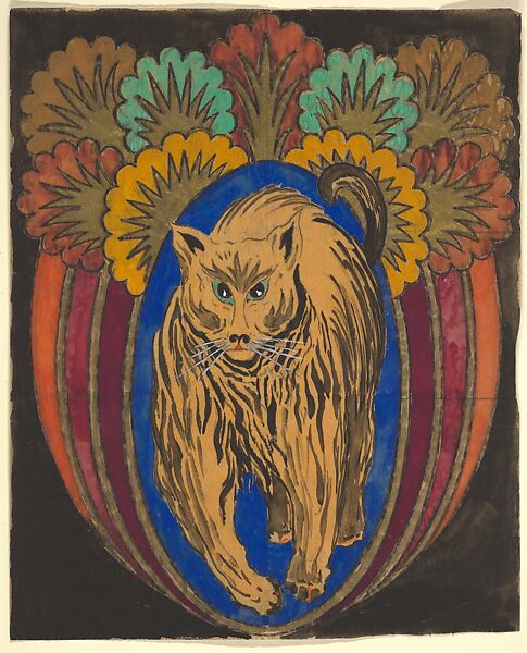 Vertical Panel with a Cat and Decorative Trees, Anonymous, French, 20th century, Charcoal, gouache and gold paint 