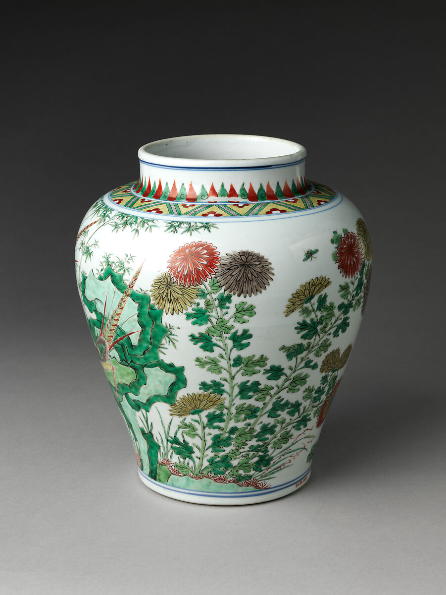 Jar decorated with rock, peonies, and birds, Porcelain painted in underglaze cobalt blue and overglaze enamels (Jingdezhen ware), China