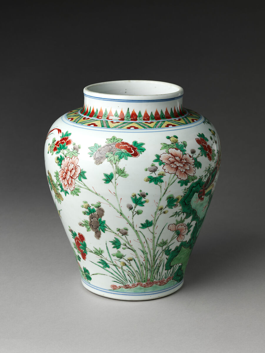 Jar decorated with rock, peonies, and birds, Porcelain painted in underglaze cobalt blue and overglaze enamels (Jingdezhen ware), China