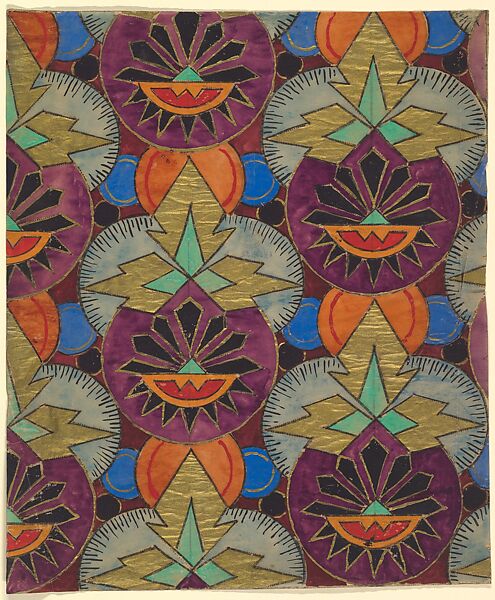 Repetitive Pattern with Purple Circles Topped with Three-Pronged Gold Motifs, Anonymous, French, 20th century, Charcoal, gouache and gold paint 