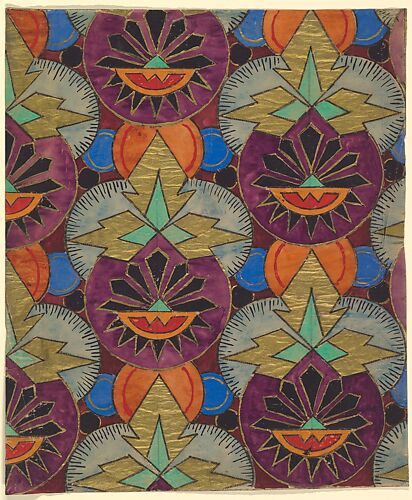 Repetitive Pattern with Purple Circles Topped with Three-Pronged Gold Motifs