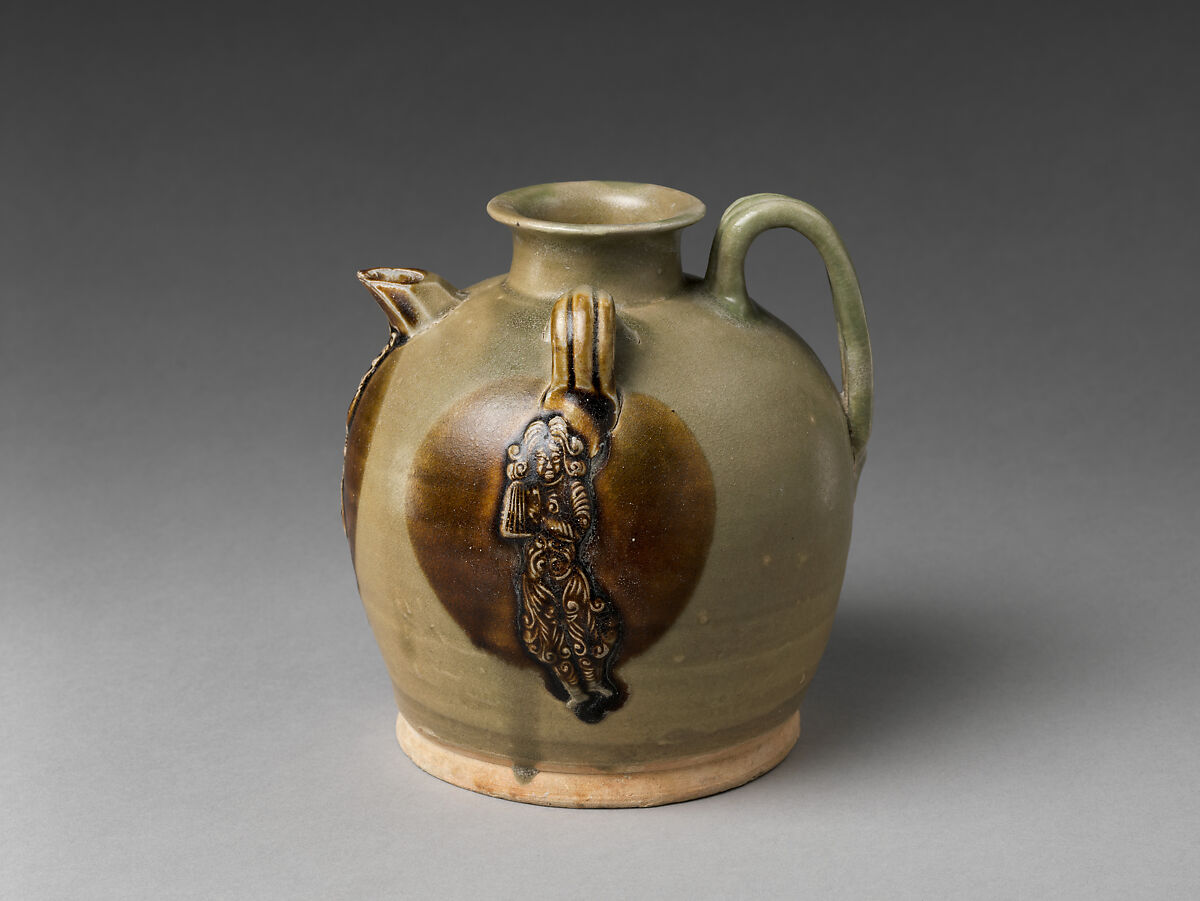 Ewer with dancing figures, Stoneware with white slip, pigment, and applied decoration under straw glaze (Changsha ware), China