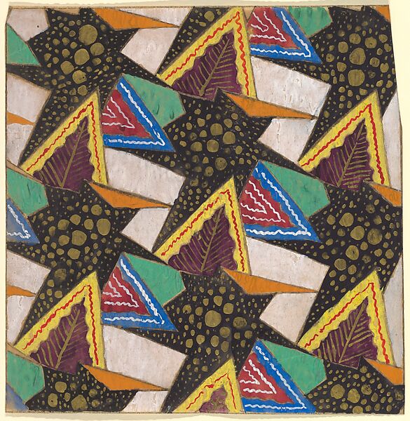Repeating Pattern of Geometric Shapes with Decorative Leaves in Purple Framed by Yellow Triangles, Anonymous, French, 20th century, Charcoal, gouache and gold paint 