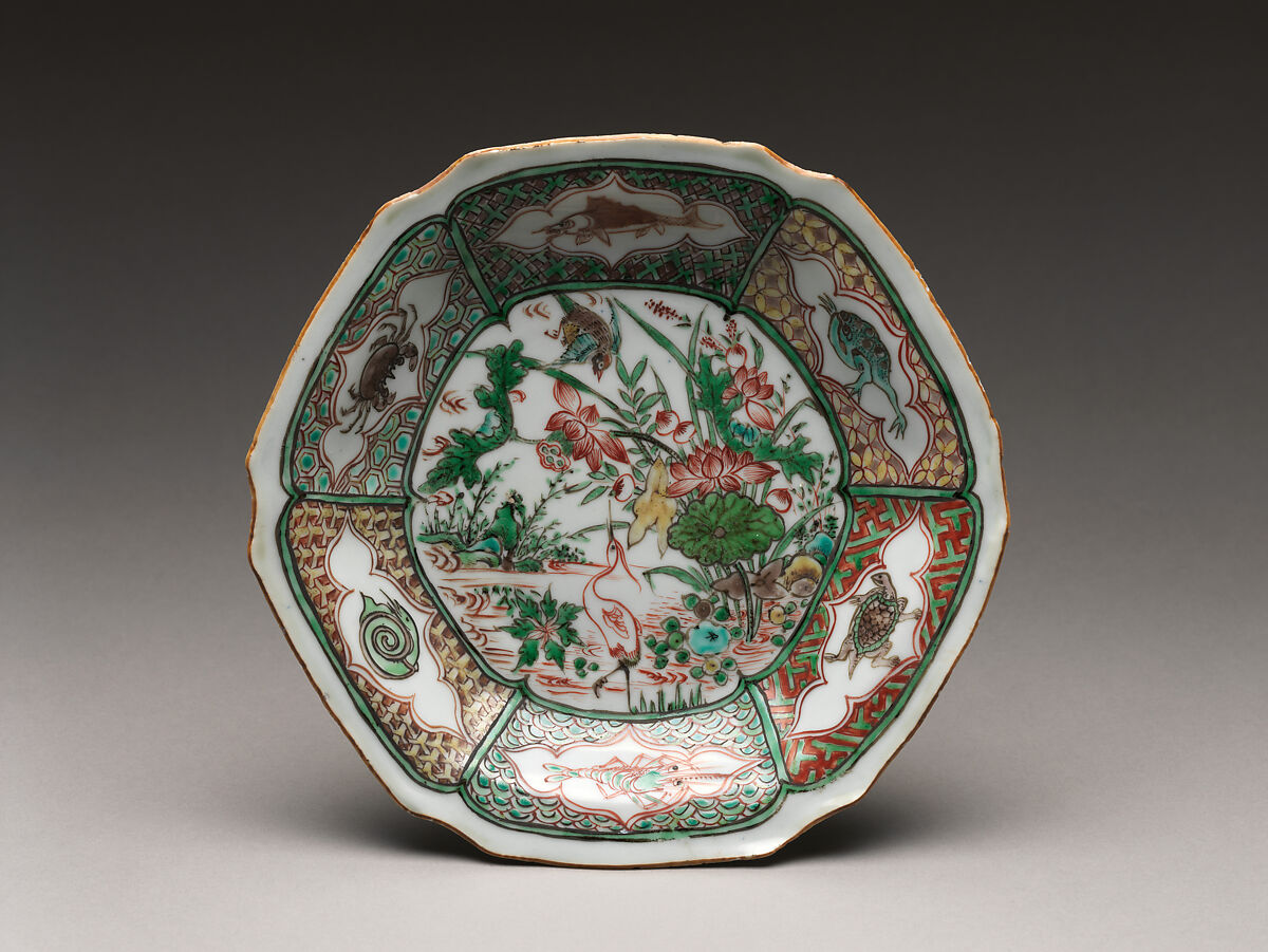 Dish with Heron in Pond, Porcelain painted with colored enamels over transparent glaze (Jingdezhen ware), China 