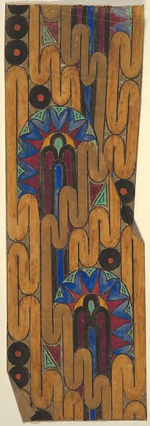 Panel with a Line of Brown Ribbon Over Segmented Ovals with Blue Heart-Shaped Motifs on the Border, Anonymous, French, 20th century, Charcoal, gouache and gold paint 