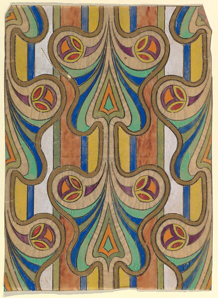 Vertical Panel with a Pattern of Butterfly-Shaped Designs on a Striped Background, Anonymous, French, 20th century, Charcoal, gouache and gold paint 