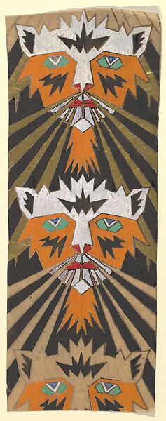 Vertical Panel with a Pattern of Tigers' Heads, Anonymous, French, 20th century, Charcoal, gouache and gold paint 