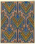 Horizontal Panel with Radiating Yellow Semi-Circles with Teal and Magenta Stripes and a Horizontal Motif in White with Linework at Center, Anonymous, French, 20th century, Charcoal, gouache and gold paint