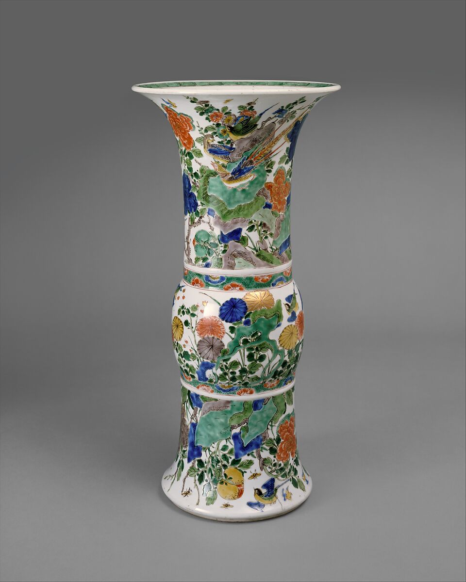 Vase in Shape of Archaic Bronze Vessel with Flowers and Birds

, Porcelain painted with colored enamels over transparent glaze and gilded (Jingdezhen ware), China