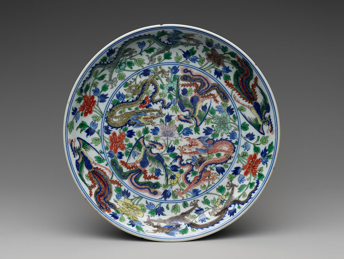 Dish with dragons and phoenixes, Porcelain painted in underglaze cobalt blue and overglaze polychrome enamels (Jingdezhen ware), China 