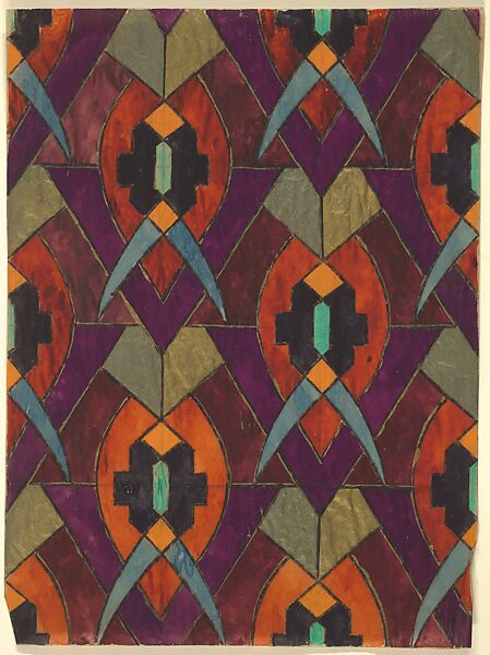 Repeating Geometric Pattern of Purple Triangles Overlaid with Orange Mandalas, Anonymous, French, 20th century, Charcoal, gouache and gold paint 