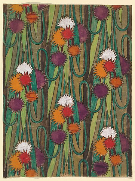 Vertical Panel with a Repetitive Pattern of Groupings of Decorative Flowers, Forming Rows Connected by Vines, Anonymous, French, 20th century, Charcoal, gouache and gold paint 