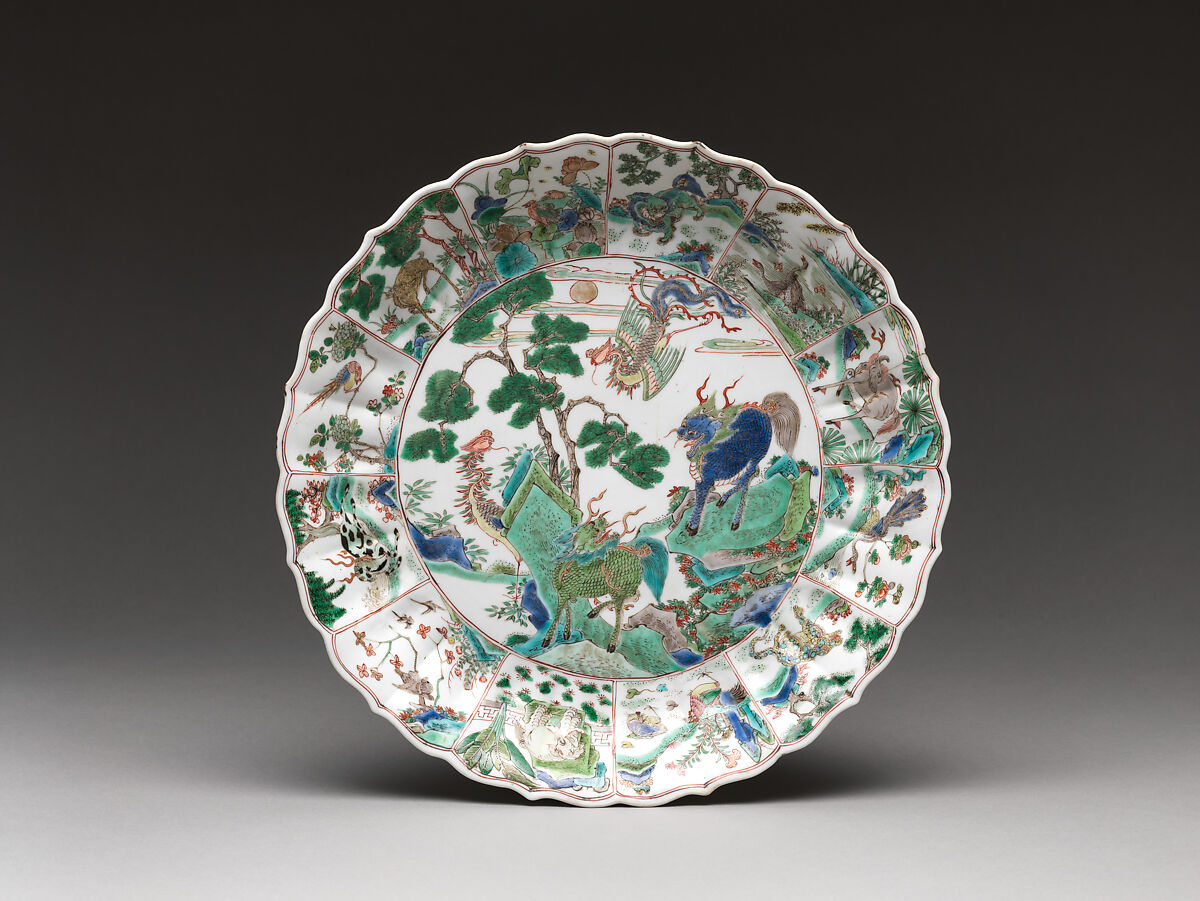 Plate with Phoenix and Mythical Qilin, Porcelain painted with colored enamels over transparent glaze (Jingdezhen ware), China 