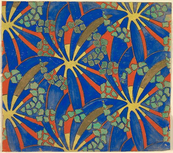 Repetitive Pattern with Decorative Flowers Formed from Yellow Circles and Blue Petals on an Orange Background, Anonymous, French, 20th century, Charcoal, gouache and gold paint 